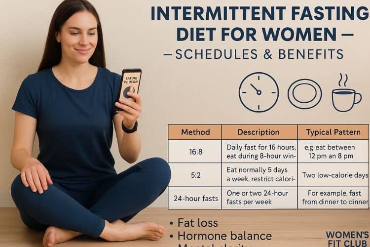 Woman practicing intermittent fasting diet plan at home checking her eating window on her phone  