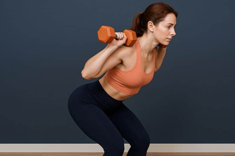 A fit woman performs a Dumbbell squat. She holds a dumbbell in each hand at shoulder height, demonstrating proper squat form in the gym during Dumbbell Good Morning Exercise
