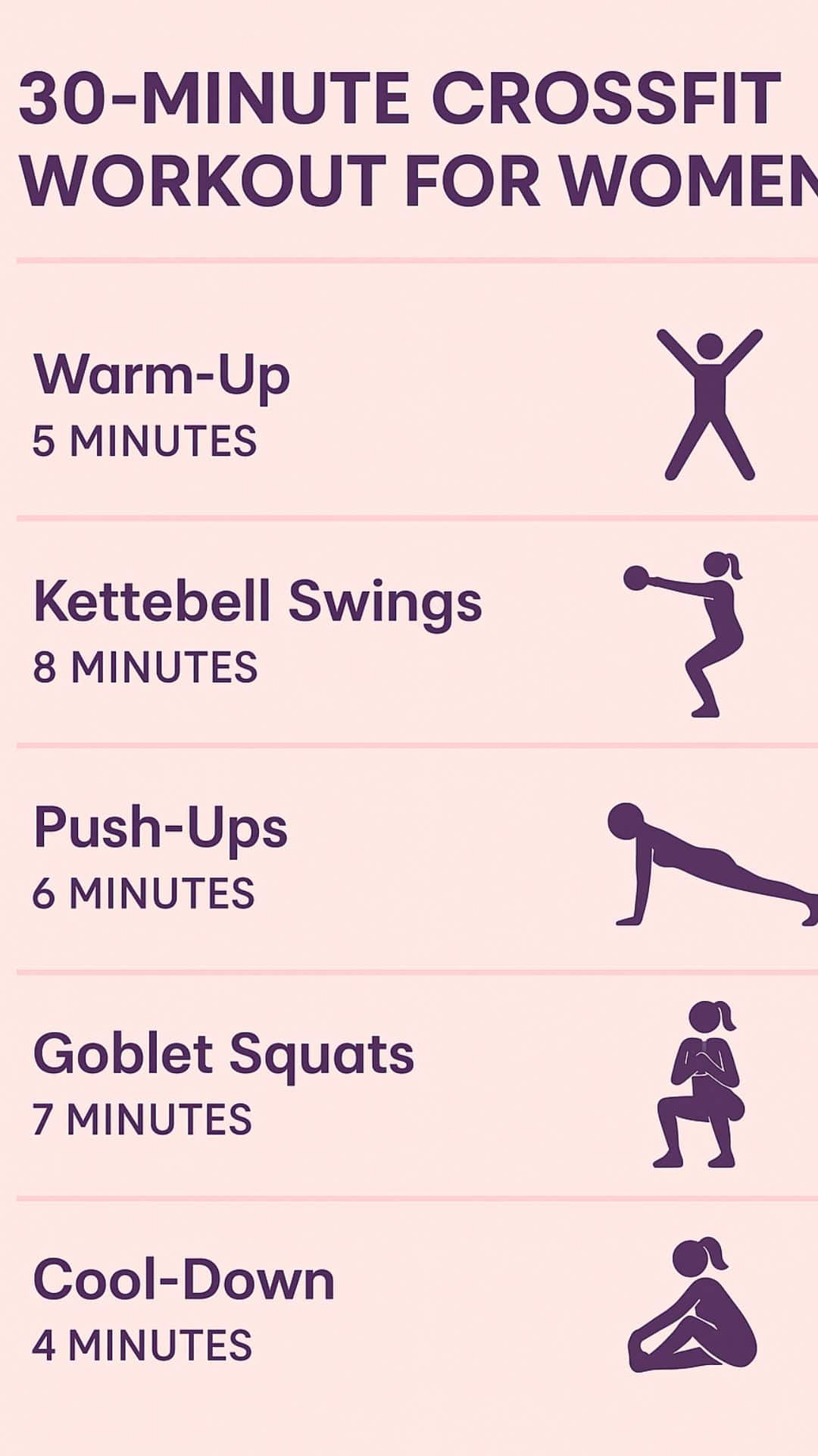 Infographic titled '30-Minute CrossFit Workout program for Women' displaying sections for Warm-Up, Kettlebell Swings, Push-Ups, Goblet Squats, and Cool-Down with simple exercise design promoting a quick full-body workout.