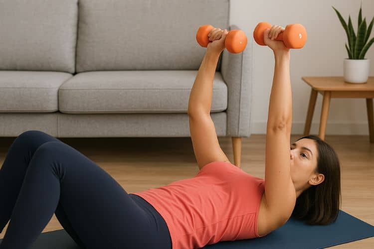 A woman performing a dumbbell chest press at home on a yoga mat in a bright living room during a 30 minute chest workout at home