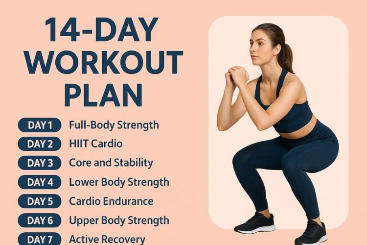 Woman doing squats during a 14-day workout plan for strength and fat loss