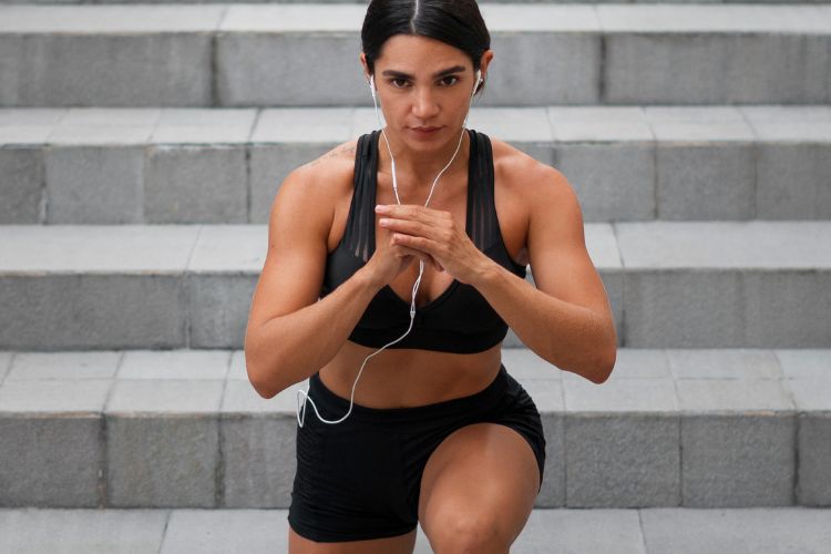 Woman performing squat to press during 15-minute full body strength workout