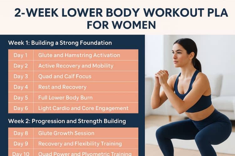 Woman performing squats as part of a 2-week lower body workout plan for women to strengthen glutes and tone legs