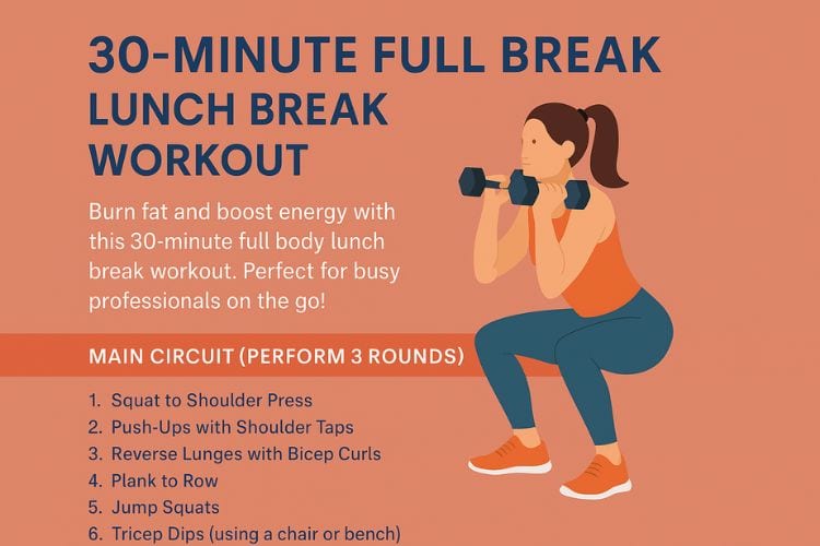 Woman infographic performing squat to press in a 30-minute full body lunch break workout