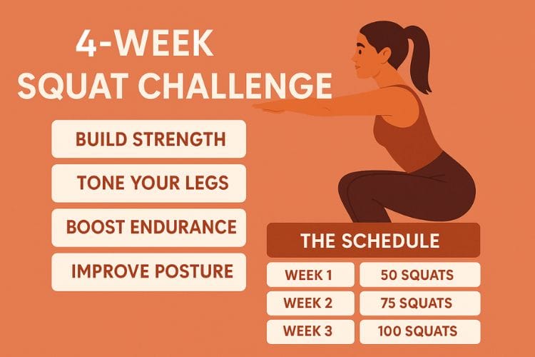 4-week squat challenge infographic for women – daily squats to tone legs, lift glutes, and strengthen core