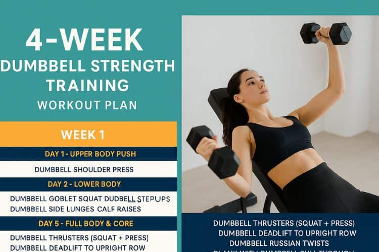 Woman doing dumbbell bench press at home – 4-week dumbbell strength training workout plan
