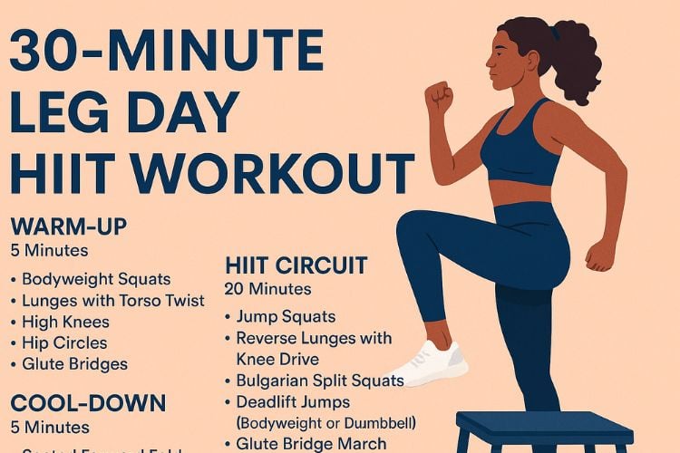 Woman performing jump squats during 30-minute leg day HIIT workout