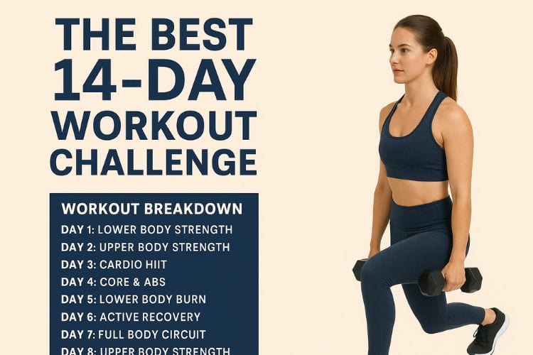 Woman doing a 14-day workout challenge at home with dumbbells and bodyweight moves
