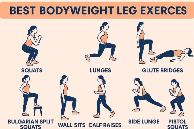 Woman doing bodyweight squats leg exercises at home for leg strength