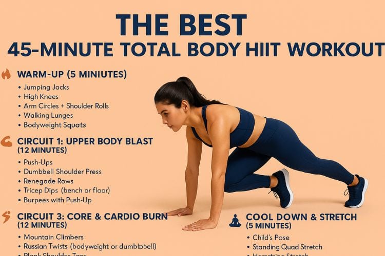Woman doing push-ups during a 45-minute total body HIIT workout