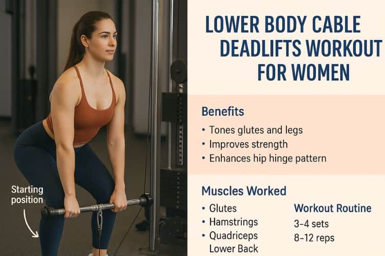 Woman performing lower body cable deadlift workout in gym – targeting glutes, hamstrings, and quads