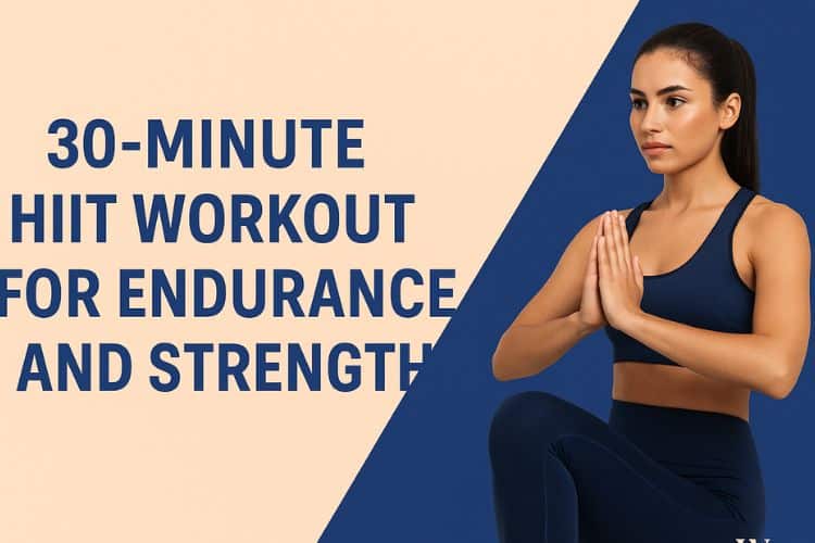Woman performing push-up in a 30-minute bodyweight HIIT workout infographic