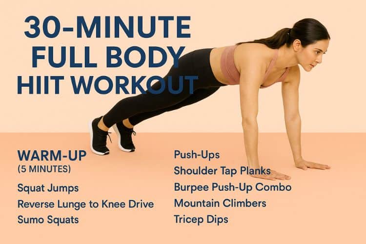 Woman performing burpees during a 30-minute full body HIIT workout