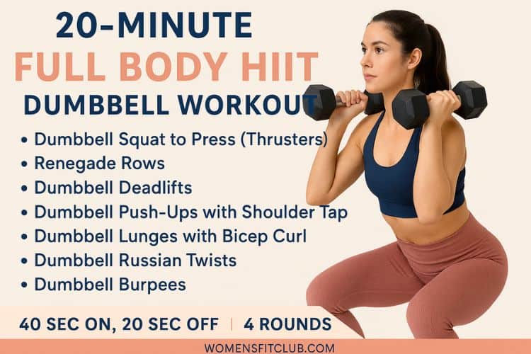 Woman performing dumbbell squat during a 20-minute full body HIIT workout