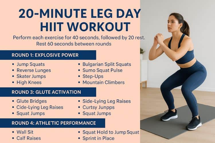 Woman performing jump squats during a 20-minute leg day HIIT workout