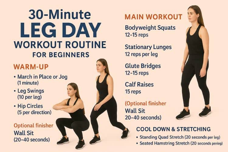 Woman doing squats during a 30-minute beginner leg day workout routine