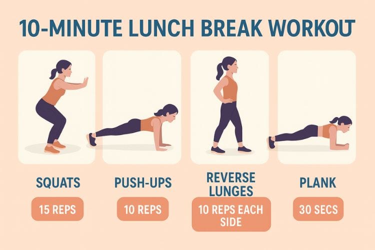 Woman infographic doing a 10-minute lunch break workout for quick fitness