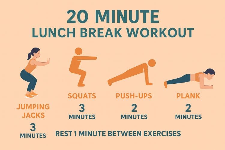 Woman infographic doing squats push ups plank during a 20-minute full body lunch break workout