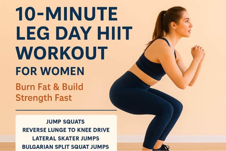 Woman performing jump squats during a 10-minute leg day HIIT workout infographic