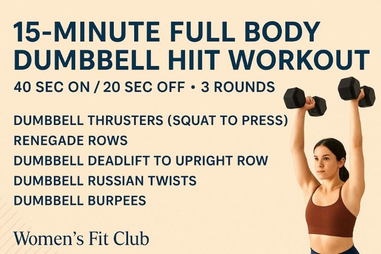 Infographic for the 15-minute full body dumbbell HIIT workout, showing all exercises, reps, and intervals