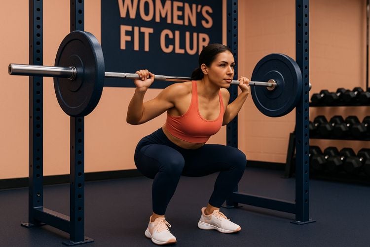 A woman performing a barbell squat during a 2-day full body compound workout