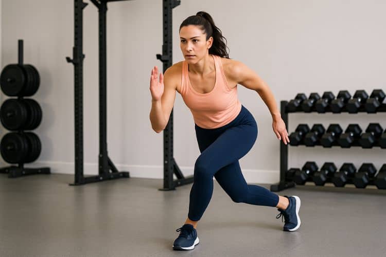 Woman demonstrating proper form for a skater hops, a foundational move in the 20-min HIIT leg routine.