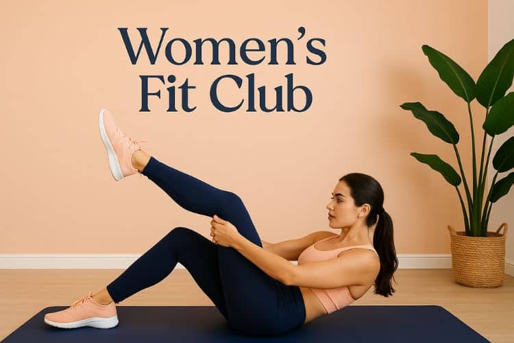 woman doing single leg stretch pilates during 20 minute full body pilates workout at home