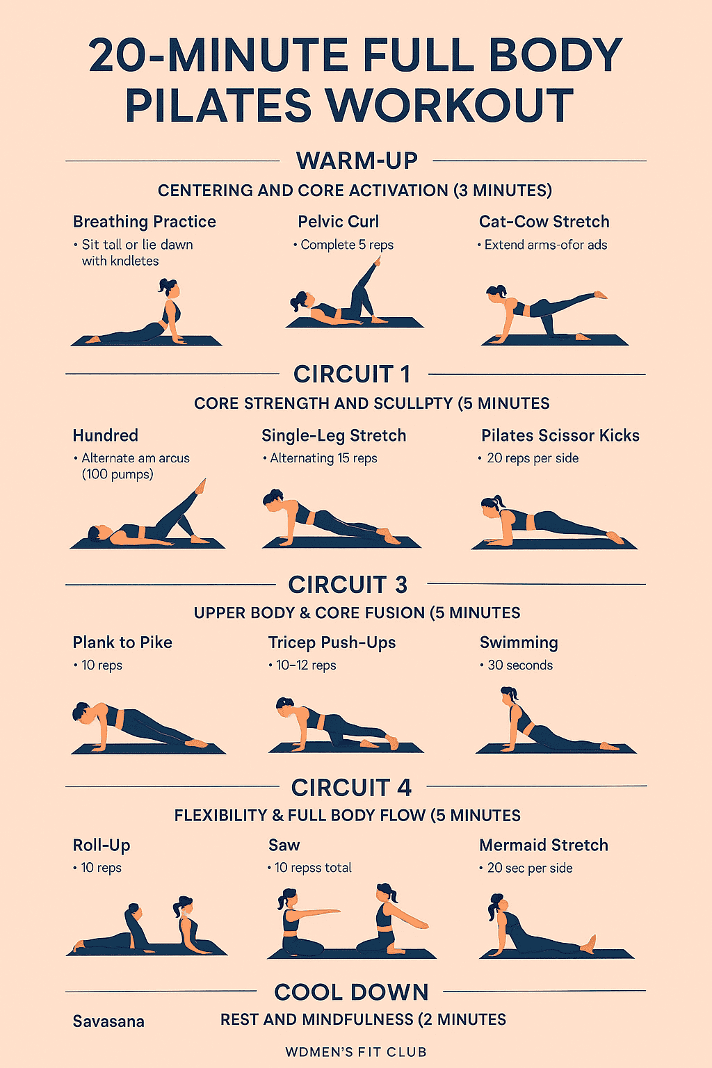 Infographic outlining the 20-minute full body Pilates workout flow and its benefits