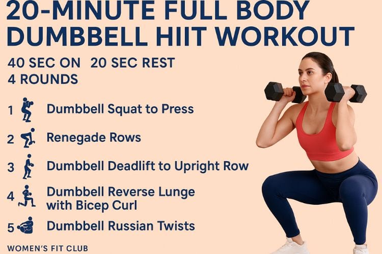 20-Minute Full Body Dumbbell HIIT Workout infographic featuring a woman performing a squat to press with dumbbells