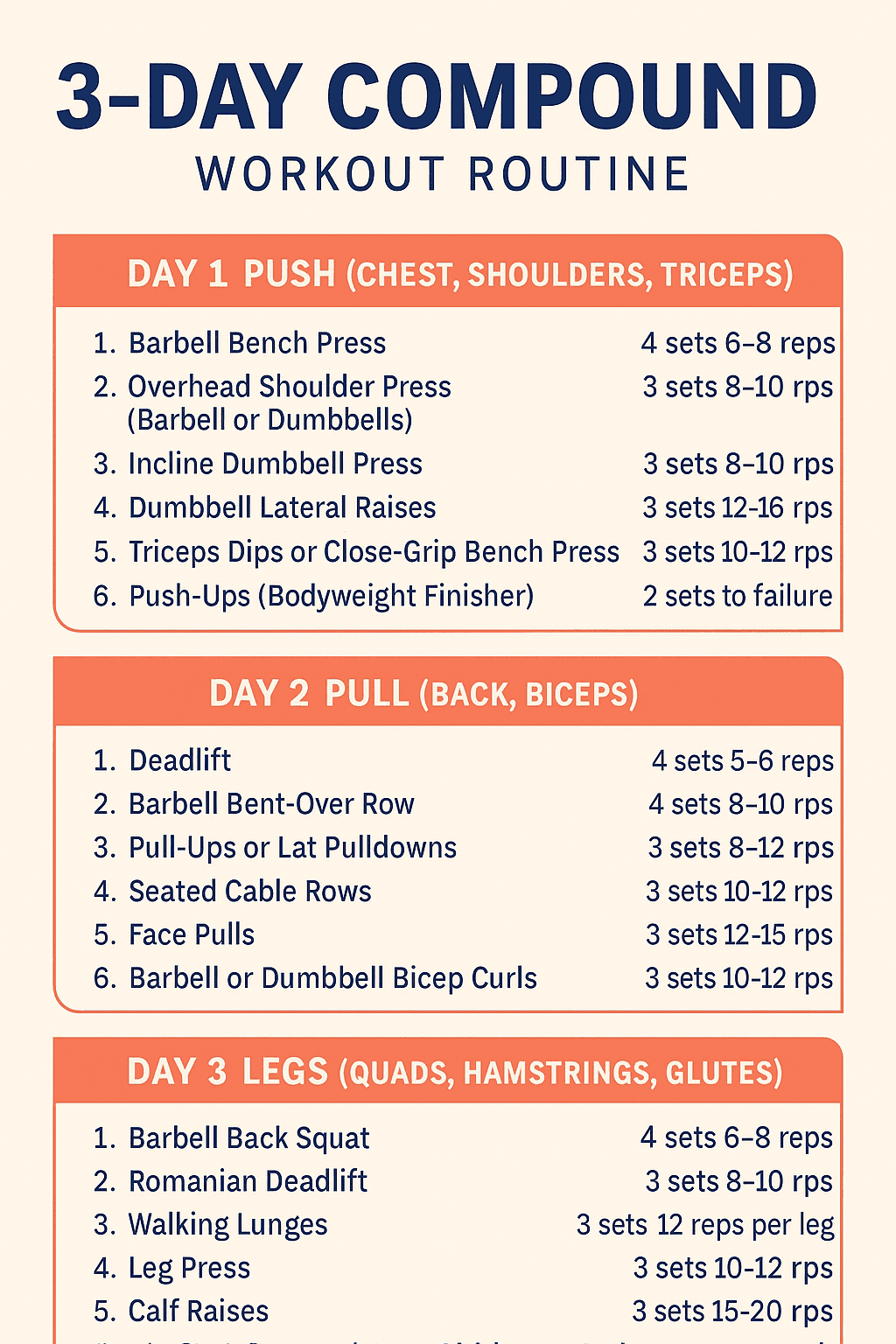Infographic outlining the 3-day compound workout split: Day 1 Push, Day 2 Pull, Day 3 Legs.