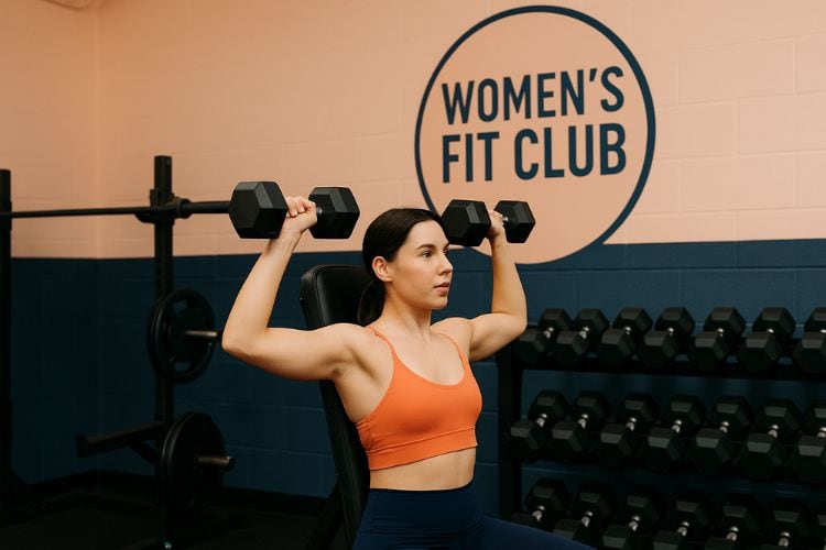 3 day dumbbell workout split woman seated on a bench, pressing two dumbbells overhead to work the shoulder muscles.