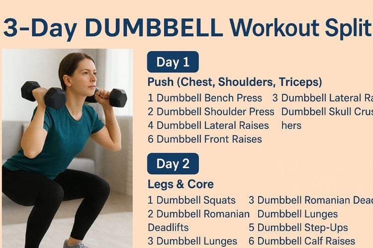 Infographic showing the Illustration of the 3-day dumbbell workout split schedule