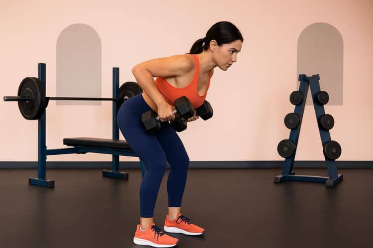 A woman performing a dumbbell bent over row as part of a 3 day full body dumbbell workout split in the gym.