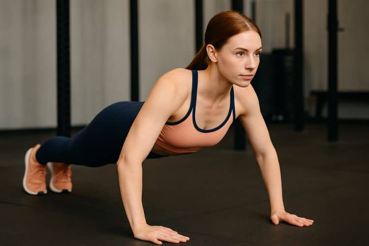 a woman Beginner smiling at the gym doing push up at the start of a 3-day full body workout split