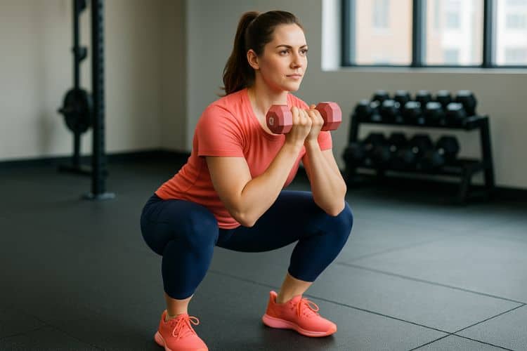 Woman performing a dumbbell squat with one dumbbell, during a 30 minute beginner dumbbell workout in the gym.