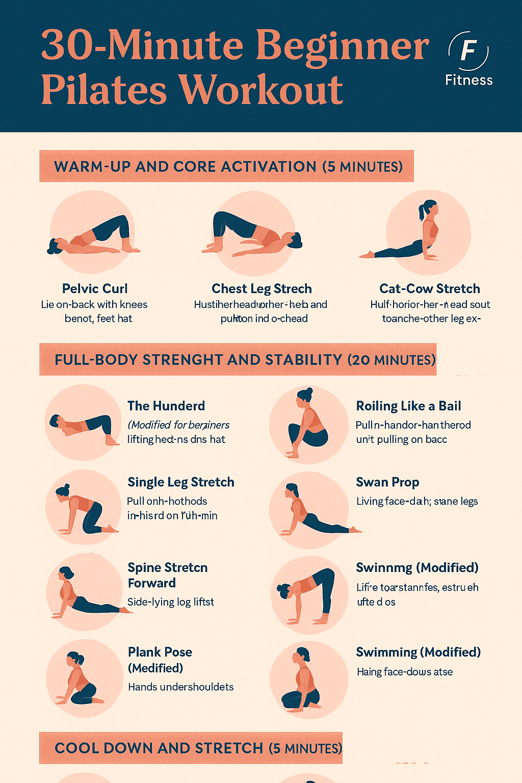 Infographic: A complete 30-minute beginner Pilates workout flow chart showing key exercises and benefits.
