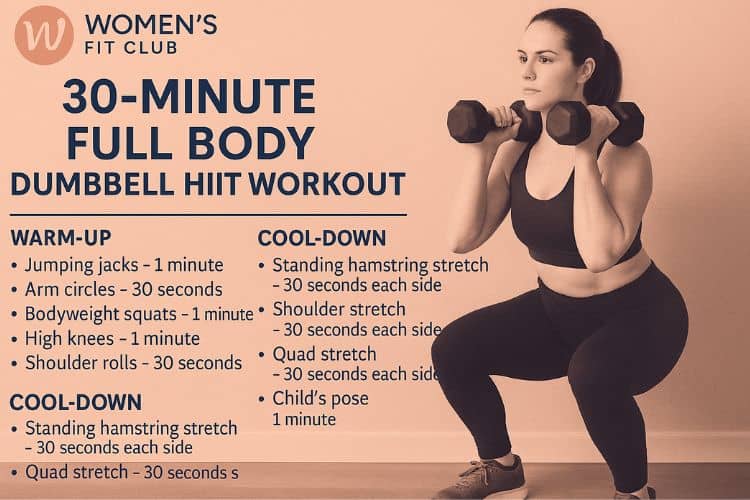Woman performing a dumbbell squat press during a 30-minute HIIT workout