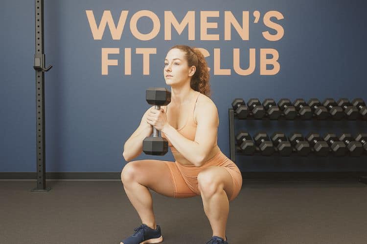 4 day dumbbell only workout split woman holding a single dumbbell in goblet squat position, showcasing a lower body workout designed to build quadriceps and core strength