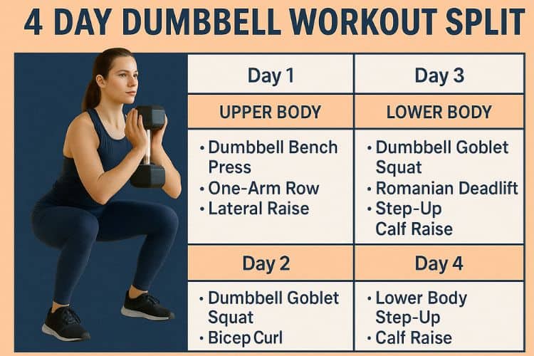 Infographic detailing 4-day dumbbell workout split weekly schedule