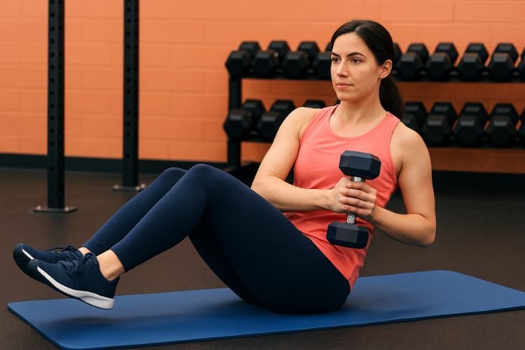 a woman performing dumbbell Russian twist in the gym during a 5 minute full body dumbbell workout.