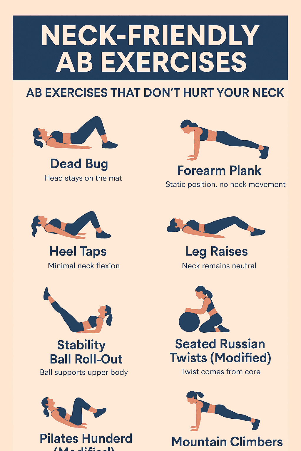 Infographic: The guide to neck-friendly ab exercises, showing safe alternatives to crunches for ab exercises that don't hurt your neck