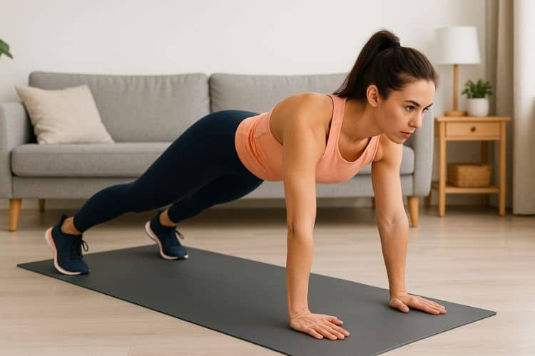 Woman performing lateral plank walk during a 30 minute HIIT arm workout at home.