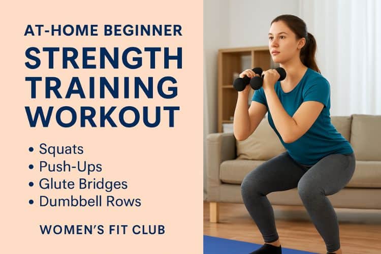 Infographic for at-home beginner strength training workout with a woman performing squats holding dumbbells on a yoga mat