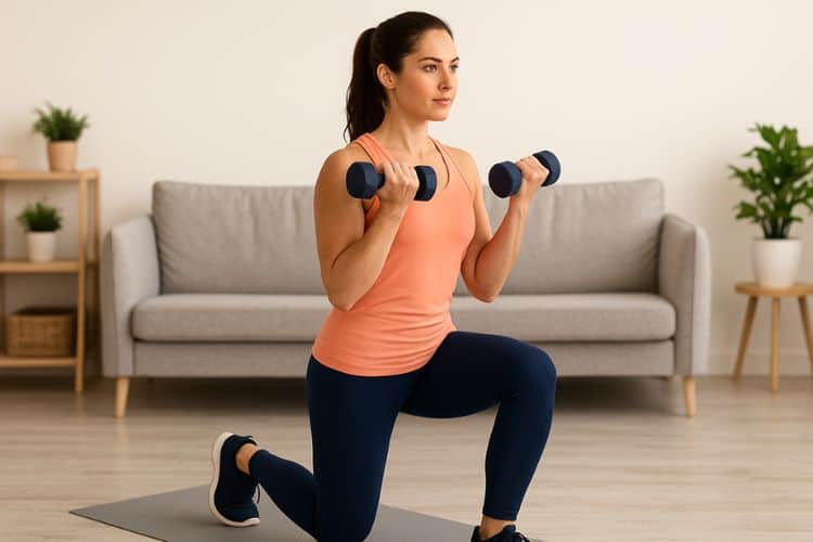 Woman performing a full-body dumbbell workout at home in 30 minutes