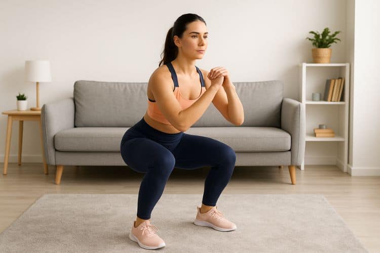 A woman performing a squat pulses during a 30 minute HIIT leg workout at home.