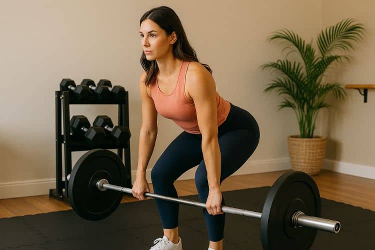 A fit woman performing barbell bent over row in a home gym during a 30 Minute Full Body Barbell Home Workout Plan