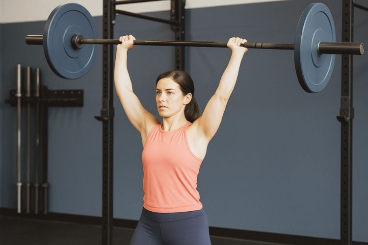 woman performing a barbell overhead press during a 15-minute full-body workout routine at the gym.