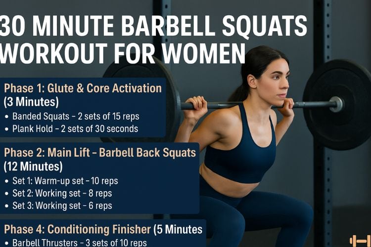 A strong woman performing a barbell back squat in a gym, demonstrating perfect form