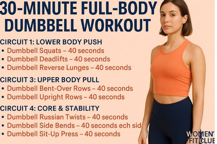 Infographic outlining the complete 30-minute full-body dumbbell workout circuit and rest periods