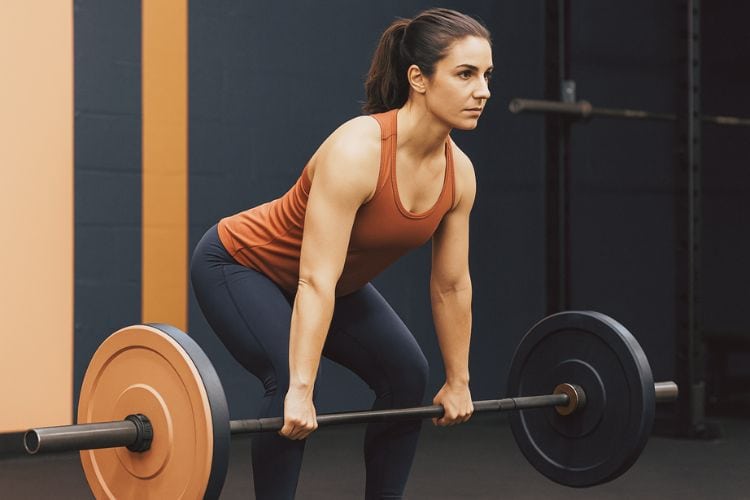 A beginner performing a barbell deadlift with proper form during a 30-minute full-body workout plan.